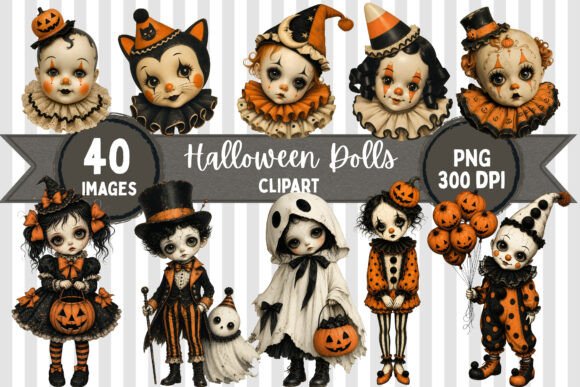 Download Vintage Spooky Halloween Dolls Clipart - Halloween doll Collection